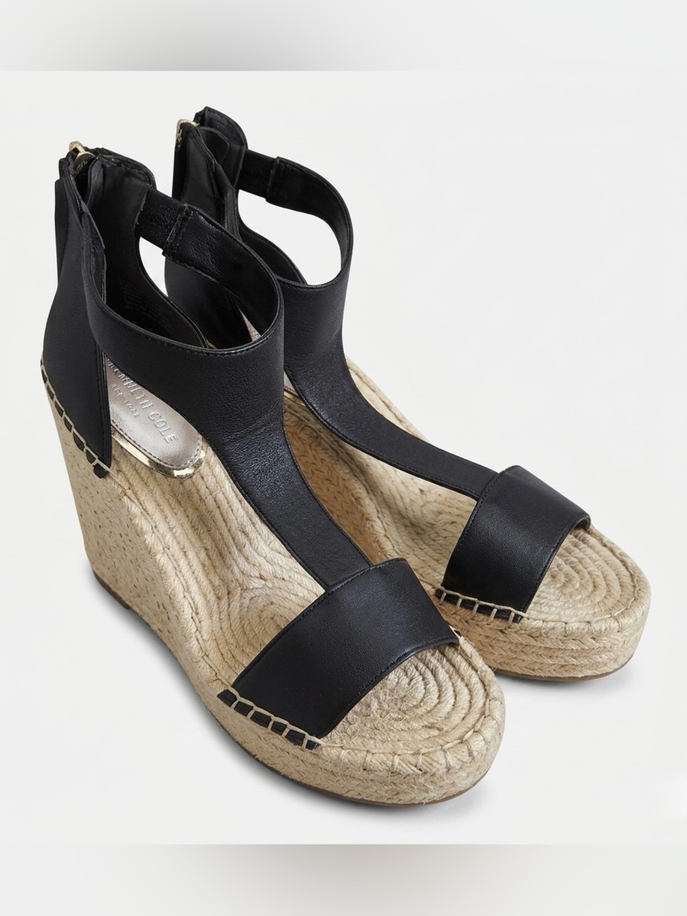 Kenneth Cole Black Leather Espadrille Wedges 8.5M